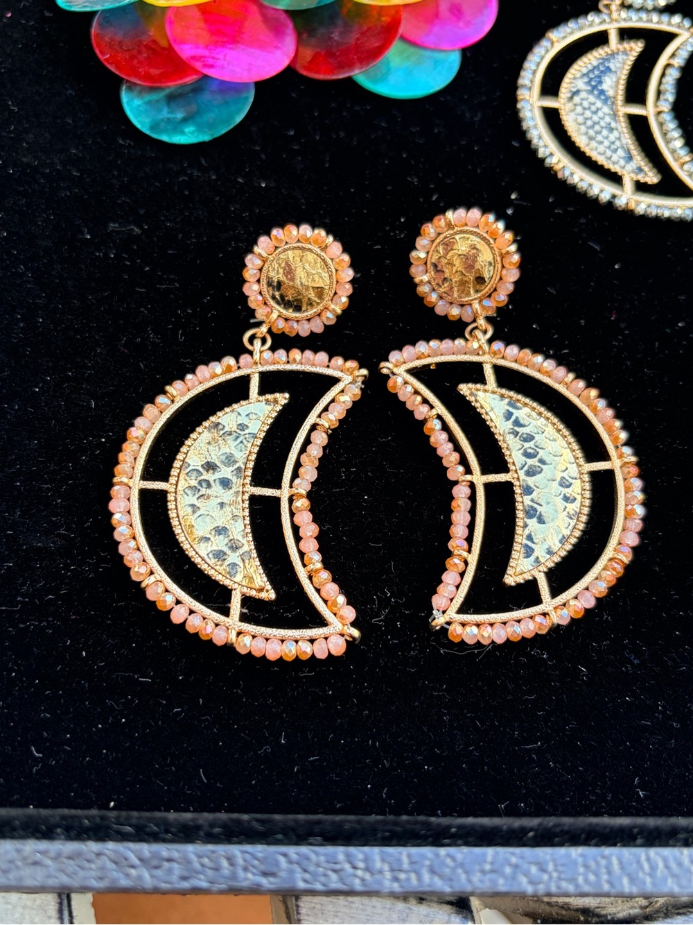 Gold and Black Crescent Drop Earrings with Peach Bead Trim